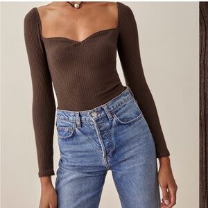 Reformation Sz S October Knit Top Brown (cafe) long sleeves stretch